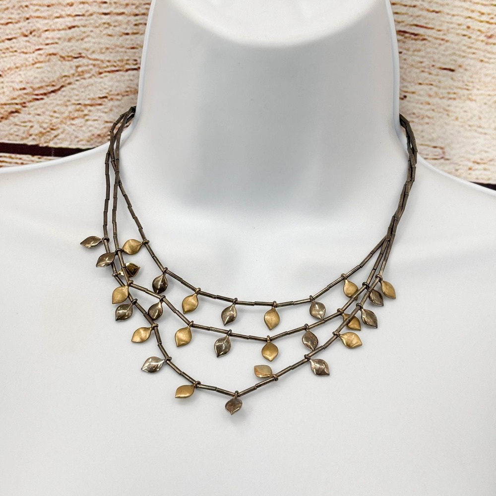 Mixed Metal Triple Strand Leaf Charm Necklace Silver Gold Tone Tiered 14 Inch